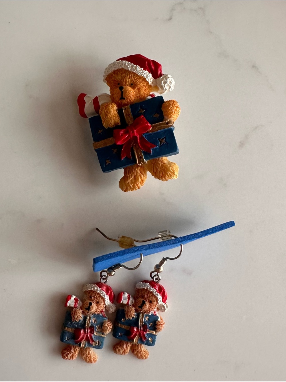 Festive Christmas Teddy Bear Brooch and Drop Earrings - Blue & Red Holidays